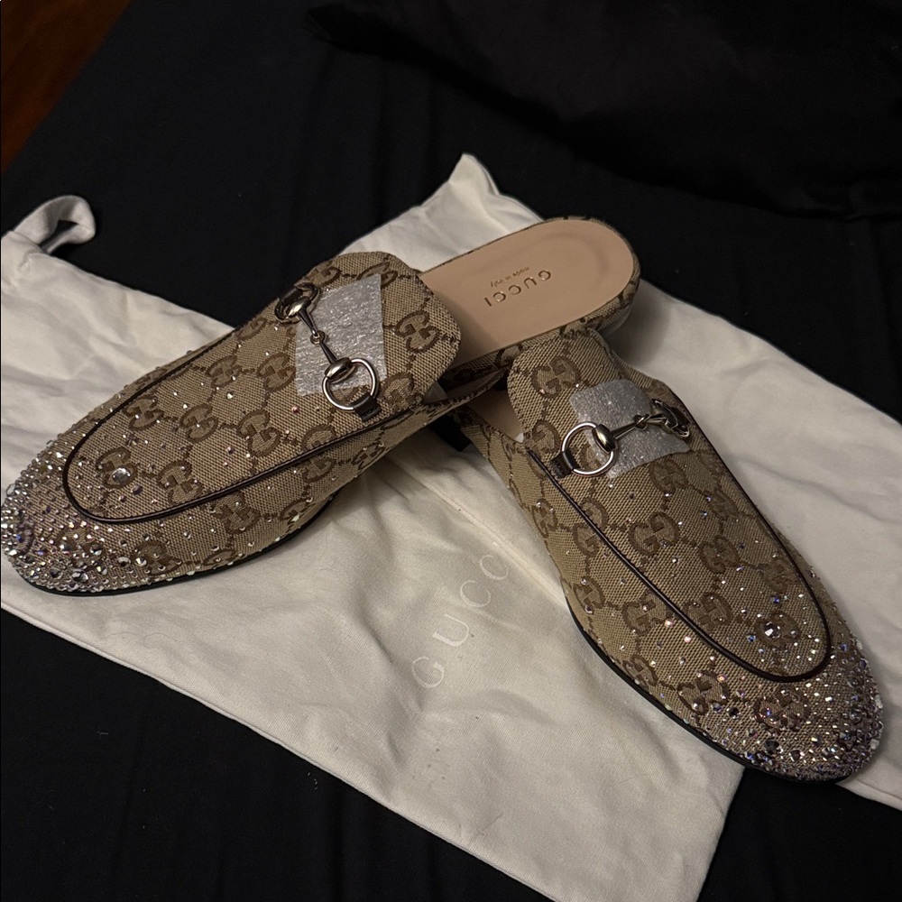 Gucci Tan Monogram Mules with Silver Details